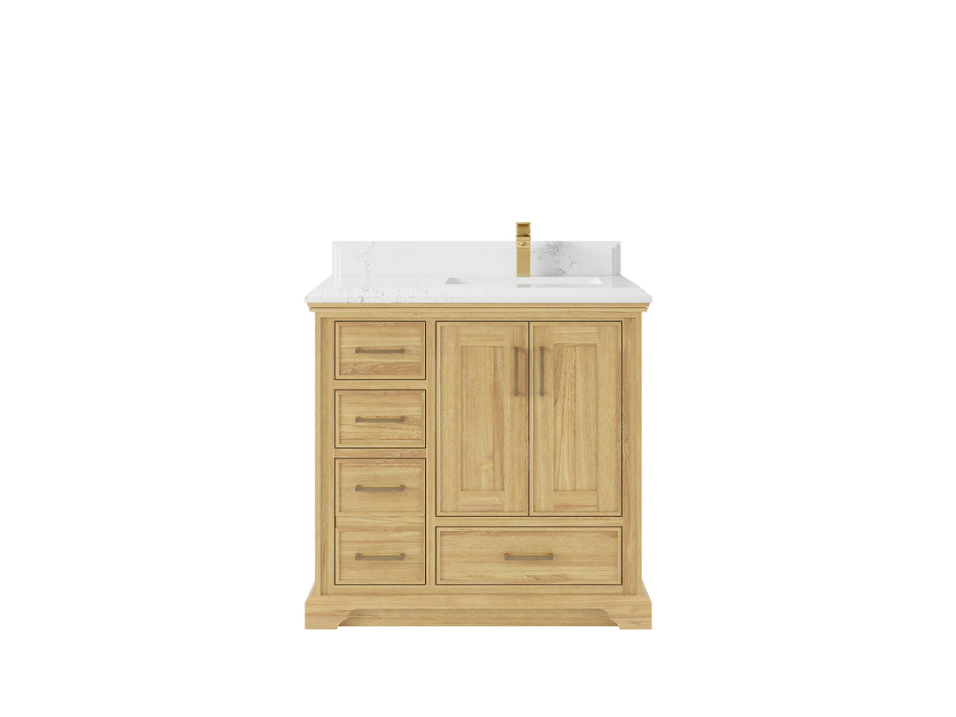 Charlotte Teak 36 in. W x 22 in. D Right Offset Sink Bathroom Vanity in Light Natural with 1.5 in Empira White Quartz Countertop 