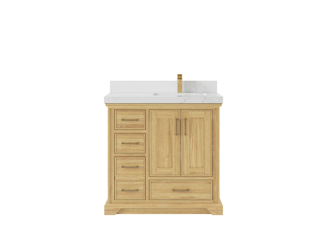 Charlotte Teak 36 in. W x 22 in. D Right Offset Sink Bathroom Vanity in Light Natural with 2 in Empira White Quartz Countertop