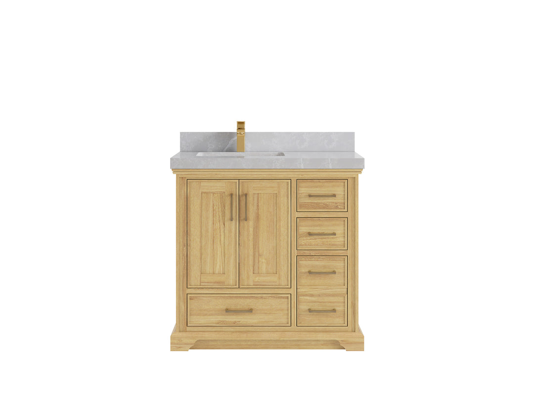Charlotte Teak 36 in. W x 22 in. D Left Offset Sink Bathroom Vanity in Light Natural with 2 in Pearl Light Gray Quartz Countertop 
