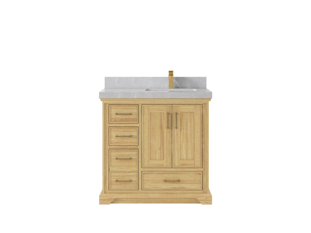 Charlotte Teak 36 in. W x 22 in. D Right Offset Sink Bathroom Vanity in Light Natural with 2 in Pearl Light Gray Quartz Countertop 