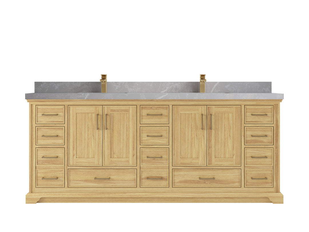 Charlotte Teak 84 in. W x 22 in. D Double Sink Bathroom Vanity in Light Natural with 2 in Pearl Light Gray Quartz Countertop 