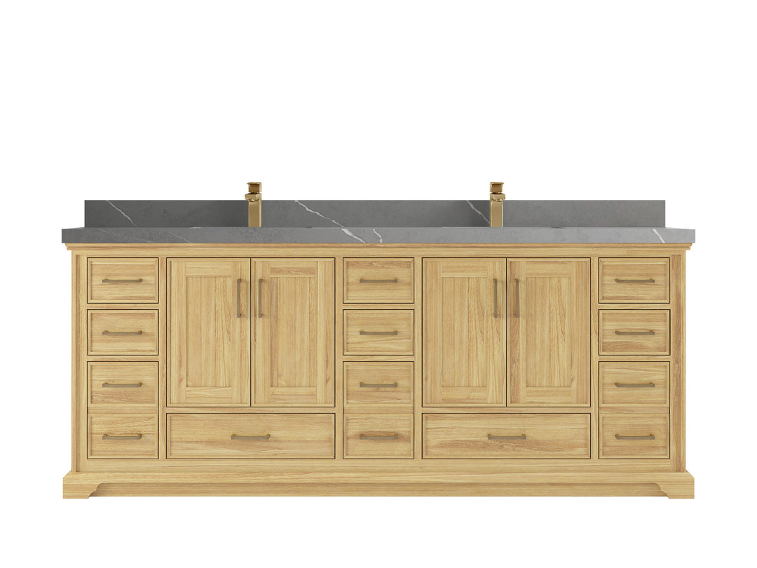 Charlotte Teak 84 in. W x 22 in. D Double Sink Bathroom Vanity in Light Natural with 2 in Piatra Gray Quartz Countertop