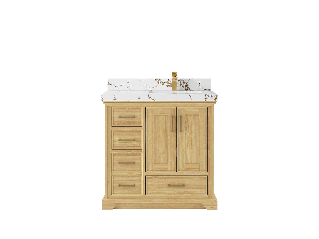 Charlotte Teak 36 in. W x 22 in. D Right Offset Sink Bathroom Vanity in Light Natural with 2 in Viola Brown Quartz Countertop 
