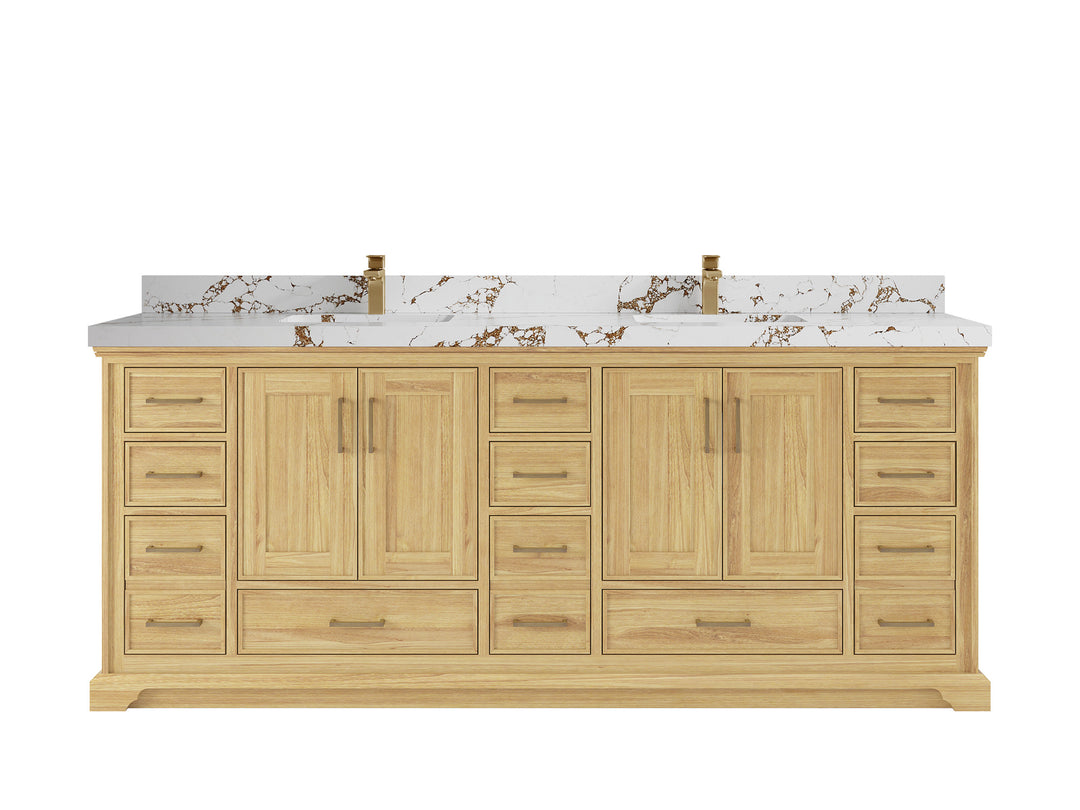Charlotte Teak 84 in. W x 22 in. D Double Sink Bathroom Vanity in Light Natural with 2 in Viola Brown Quartz Countertop 