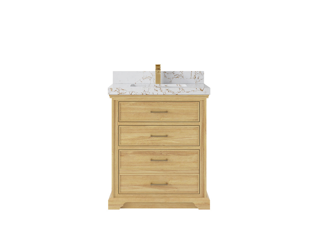 Charlotte Teak 30 in. W x 22 in. D Single Sink Bathroom Vanity in Light Natural with 2 in Viola Gold Quartz Countertop 