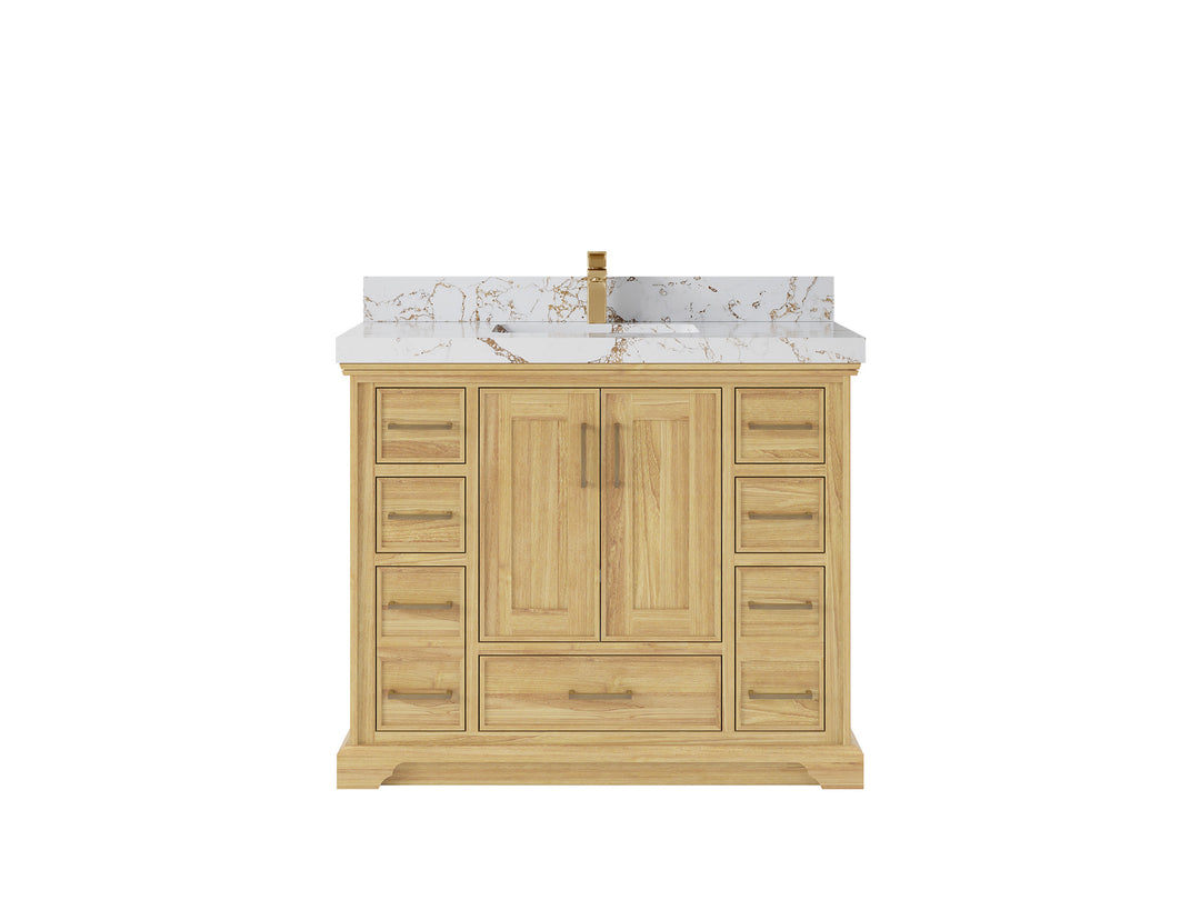 Charlotte Teak 42 in. W x 22 in. D Single Sink Bathroom Vanity in Light Natural with 2 in Viola Gold Quartz Countertop 