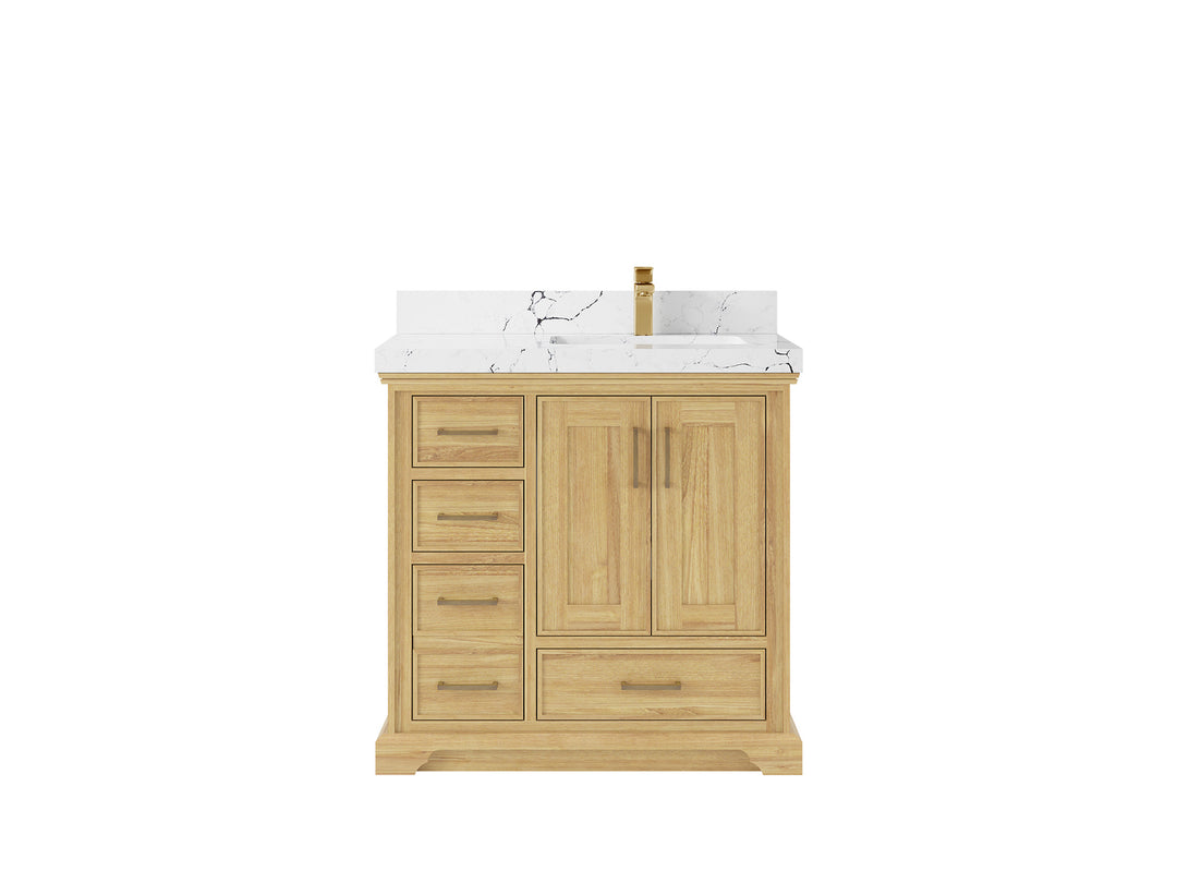 Charlotte Teak 36 in. W x 22 in. D Right Offset Sink Bathroom Vanity in Light Natural with 2 in Viola Night Quartz Countertop 