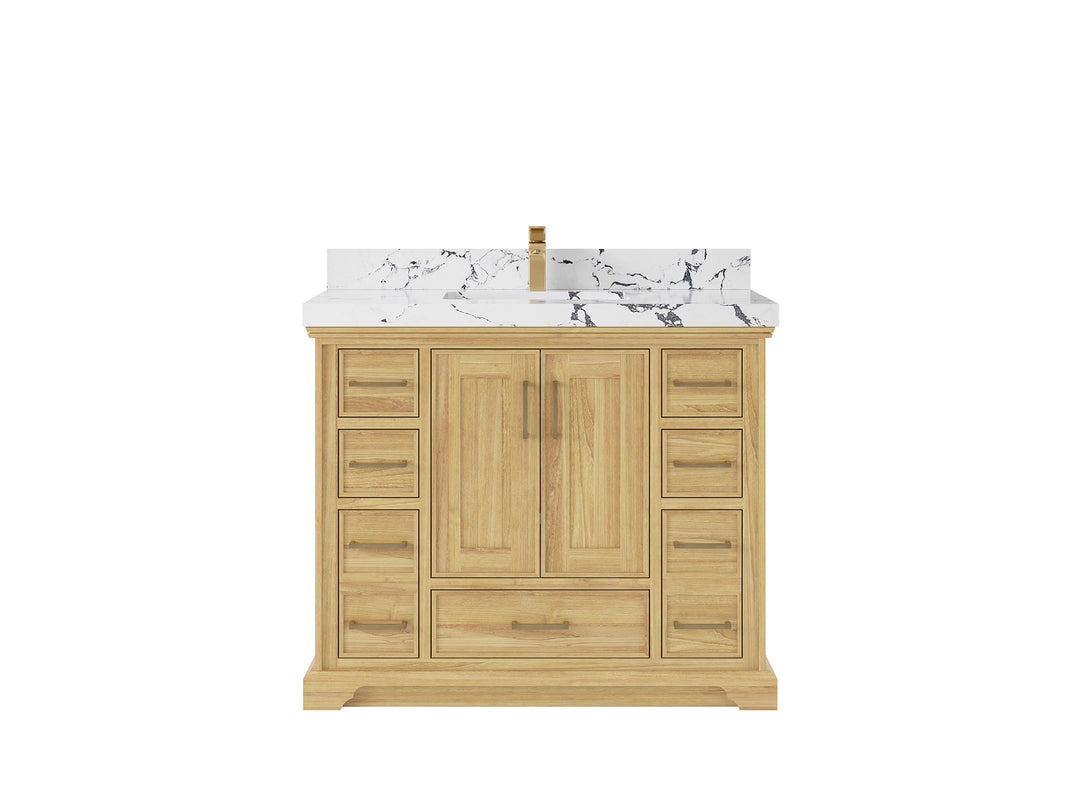 Charlotte Teak 42 in. W x 22 in. D Single Sink Bathroom Vanity in Light Natural with 2 in Viola Night Quartz Countertop 