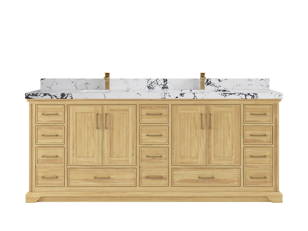 Charlotte Teak 84 in. W x 22 in. D Double Sink Bathroom Vanity in Light Natural with 2 in Viola Night Quartz Countertop 