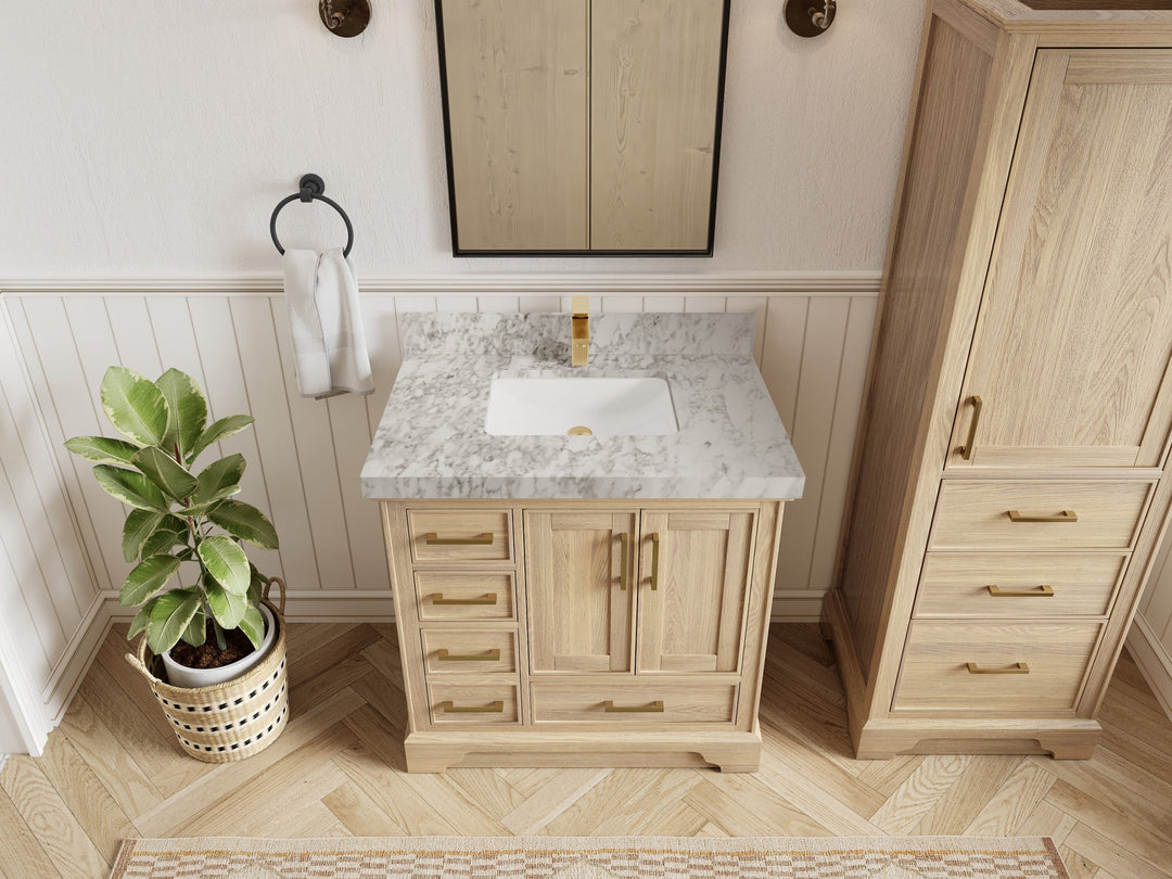 Charlotte White Oak 36 in. W x 22 in. D Center Sink Bathroom Vanity with 2 in Carrara Marble Countertop - Top View