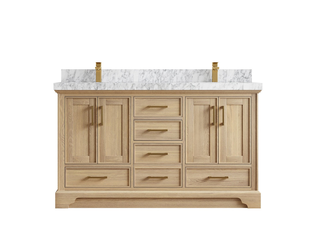 Charlotte White Oak 60 in. W x 22 in. D Double Sink Bathroom Vanity with 2 in Carrara Marble Countertop