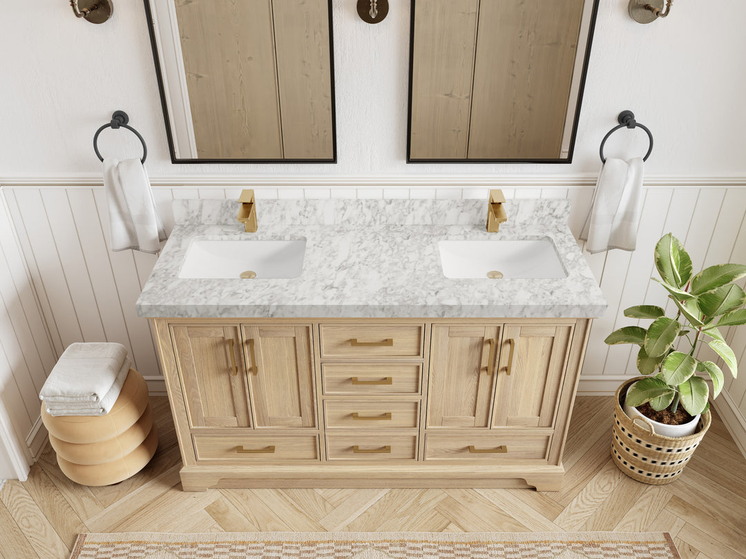 Charlotte White Oak 60 in. W x 22 in. D Double Sink Bathroom Vanity with 2 in Carrara Marble Countertop - Top View