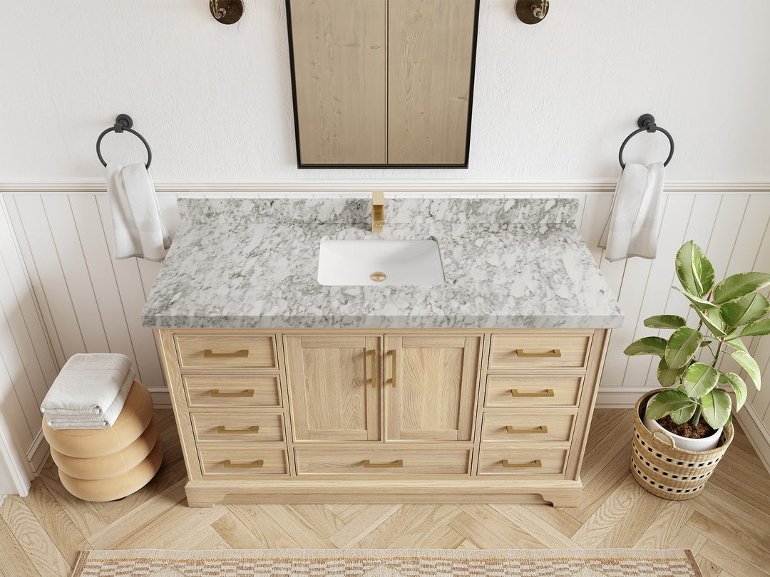 Charlotte White Oak 60 in. W x 22 in. D Single Sink Bathroom Vanity with 2 in Carrara Marble Countertop - Top View