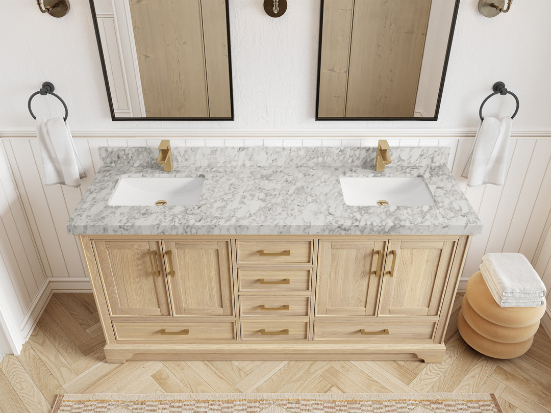Charlotte White Oak 72 in. W x 22 in. D Double Sink Bathroom Vanity with 2 in Carrara Marble Countertop - Top View