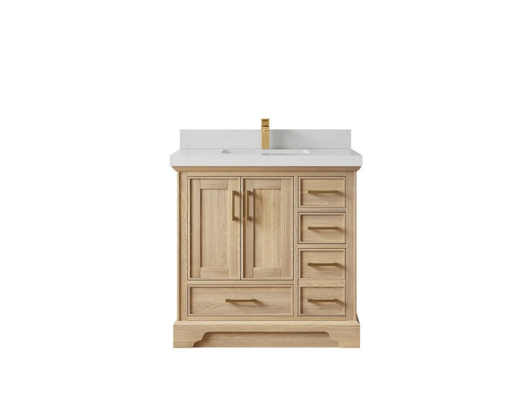 Charlotte White Oak 36 in. W x 22 in. D Center Sink Bathroom Vanity with 2 in Carrara Quartz Countertop