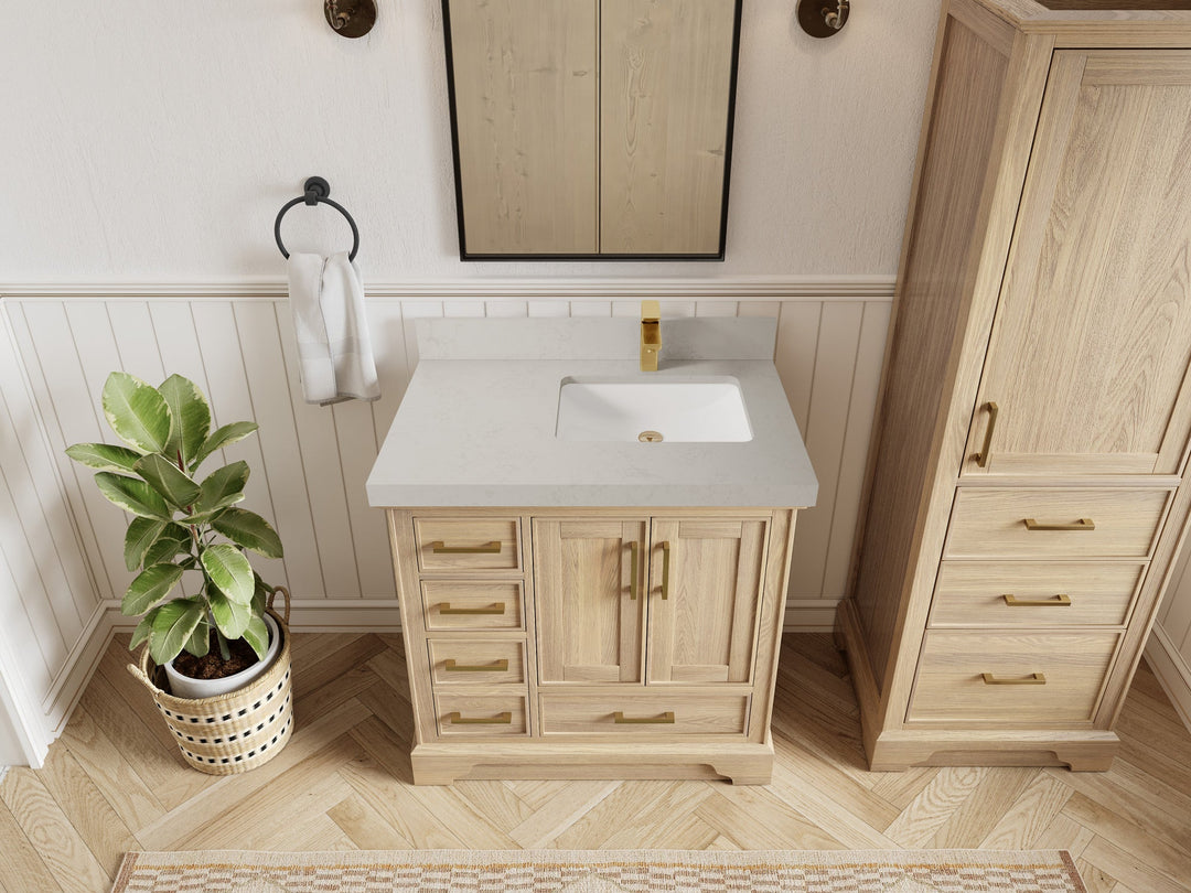 Charlotte White Oak 36 in. W x 22 in. D Center Sink Bathroom Vanity with 2 in Carrara Quartz Countertop - Top View