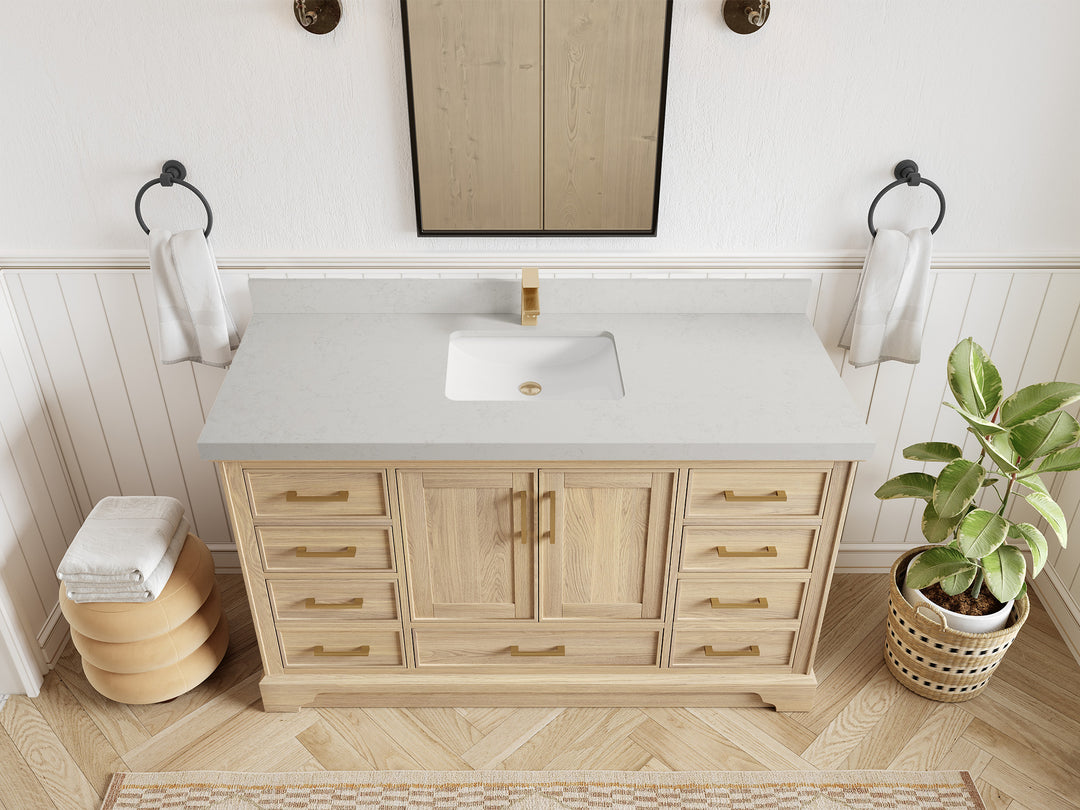 Charlotte White Oak 60 in. W x 22 in. D Single Sink Bathroom Vanity with 2 in Carrara Quartz Countertop - Top View