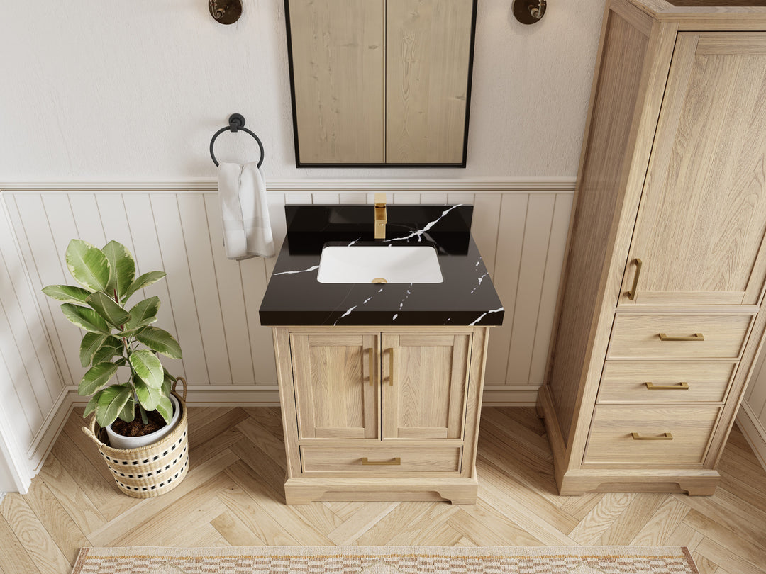 Charlotte White Oak 30 in. W x 22 in. D Single Sink Bathroom Vanity with 2 in Calacatta Black Quartz Countertop - Top View