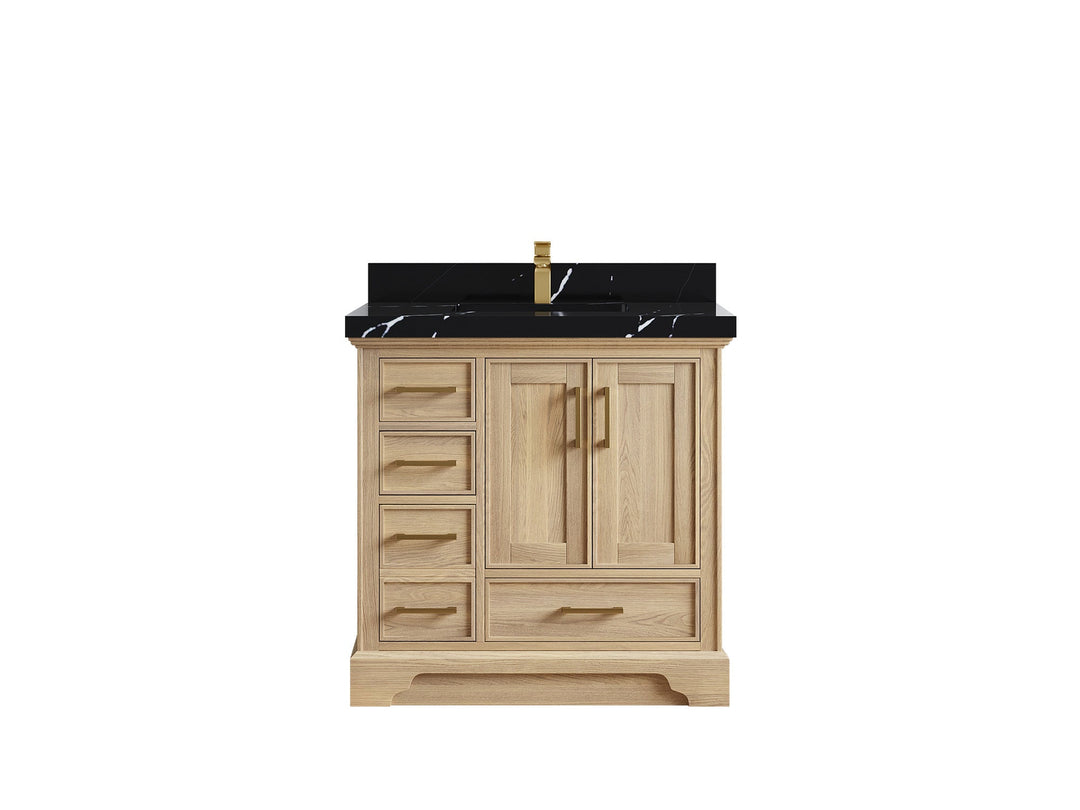 Charlotte White Oak 36 in. W x 22 in. D Center Sink Bathroom Vanity with 2 in Calacatta Black Quartz Countertop