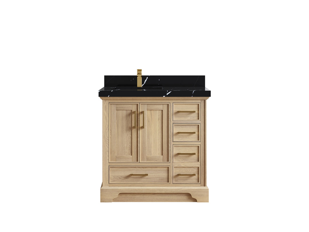 Charlotte White Oak 36 in. W x 22 in. D Left Offset Sink Bathroom Vanity with 2 in Calacatta Black Quartz Countertop