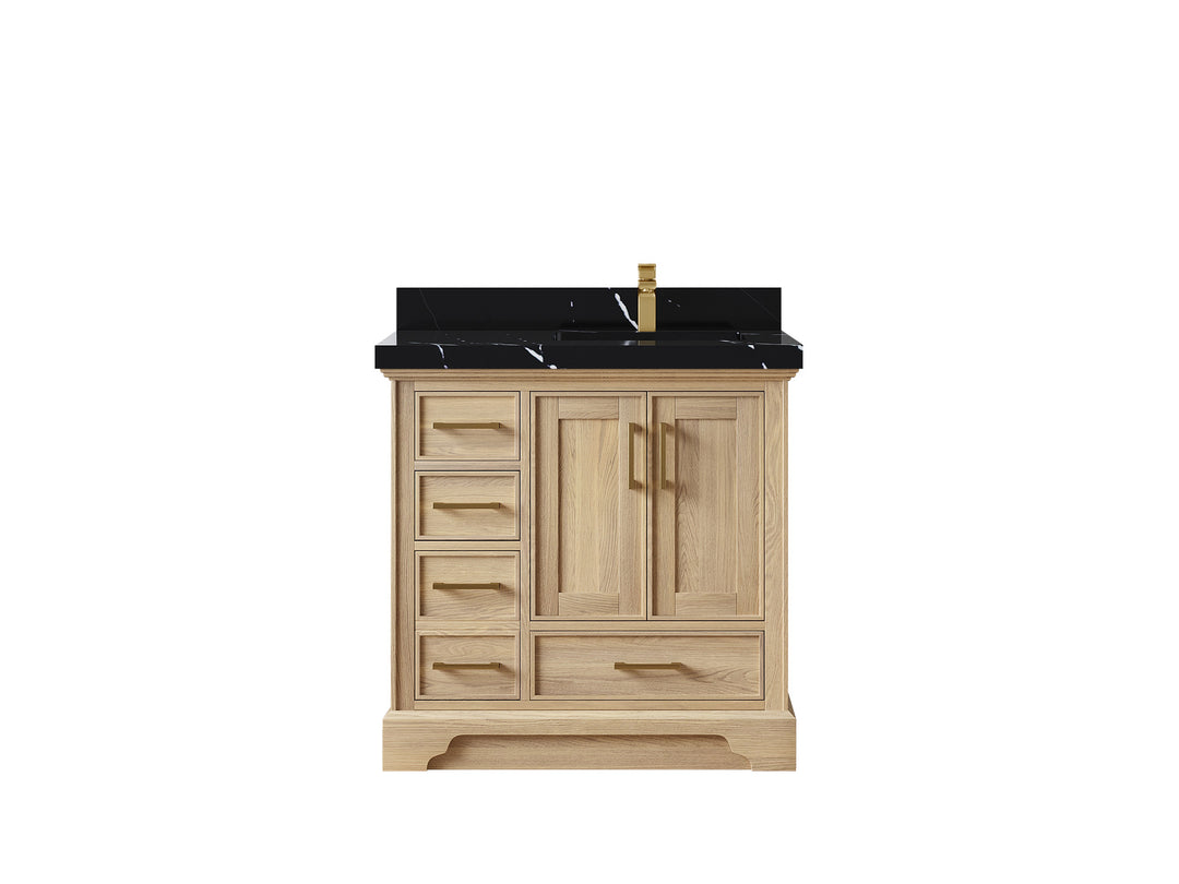 Charlotte White Oak 36 in. W x 22 in. D Center Sink Bathroom Vanity with 2 in Calacatta Black Quartz Countertop