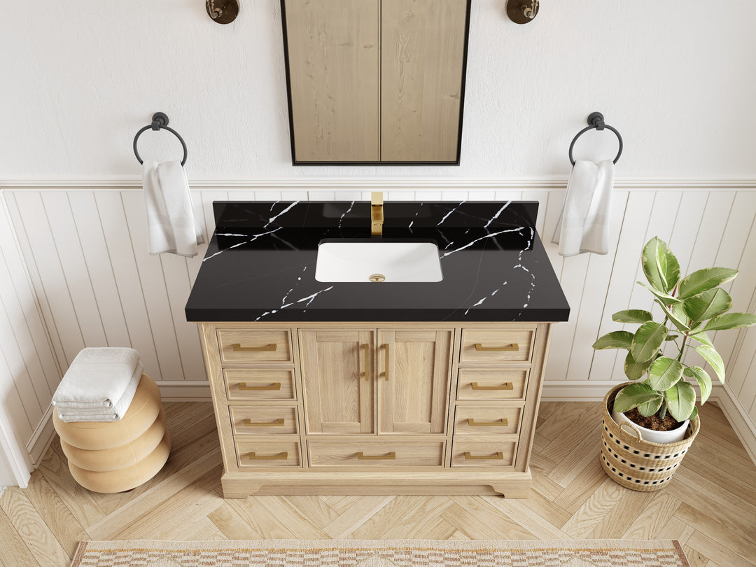 Charlotte White Oak 48 in. W x 22 in. D Single Sink Bathroom Vanity with 2 in Calacatta Black Quartz Countertop - Top View