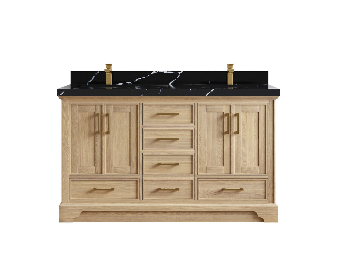 Charlotte White Oak 60 in. W x 22 in. D Double Sink Bathroom Vanity with 2 in Calacatta Black Quartz Countertop