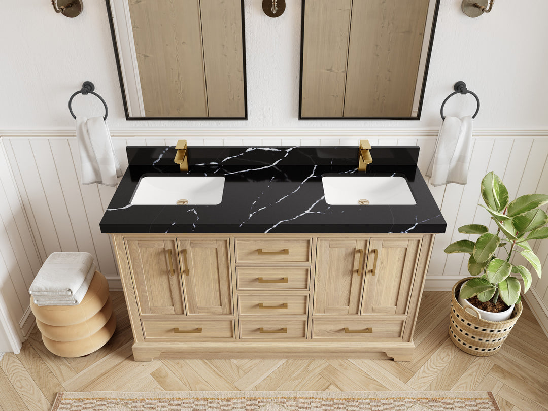 Charlotte White Oak 60 in. W x 22 in. D Double Sink Bathroom Vanity with 2 in Calacatta Black Quartz Countertop - Top View