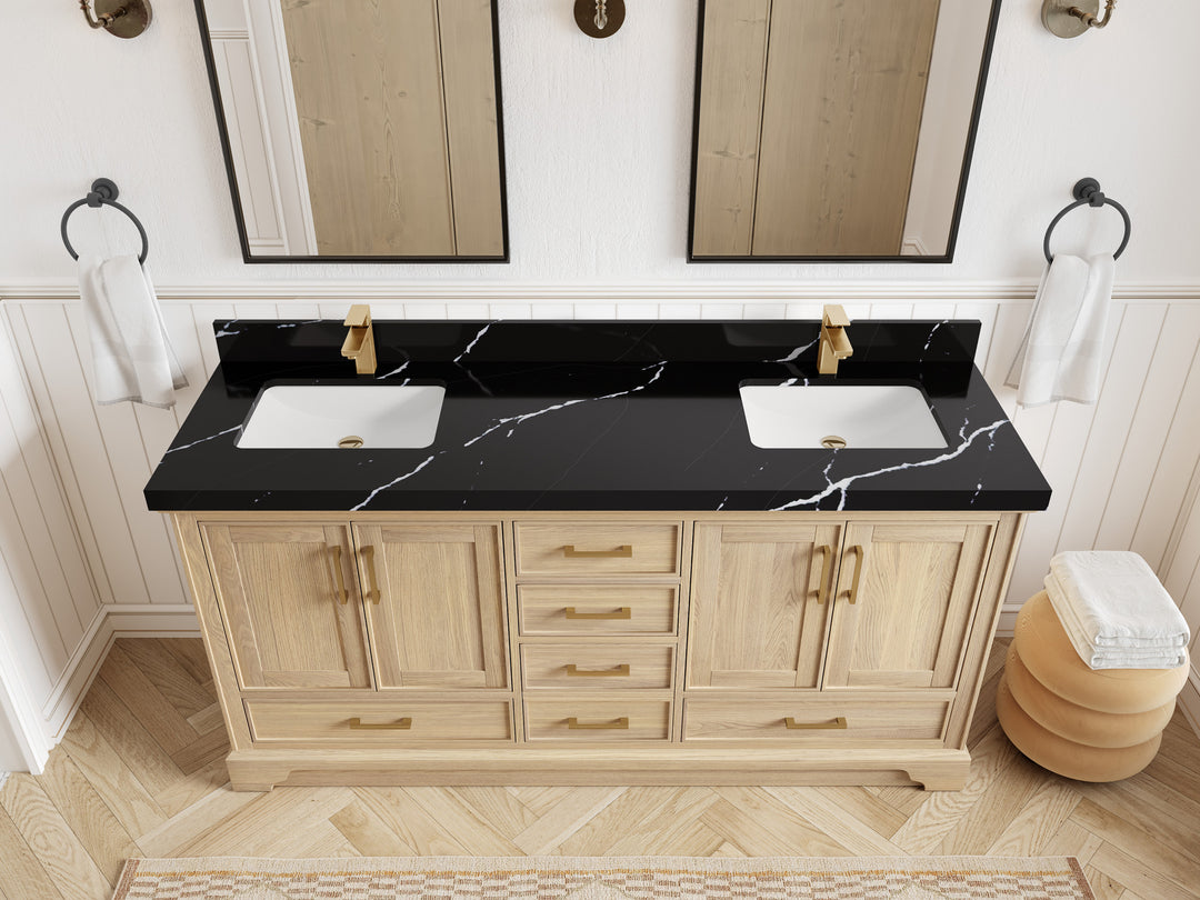 Charlotte White Oak 72 in. W x 22 in. D Double Sink Bathroom Vanity with 2 in Calacatta Black Quartz Countertop - Top View
