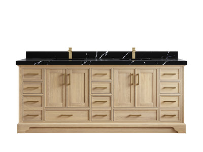 Charlotte White Oak 84 in. W x 22 in. D Double Sink Bathroom Vanity with 2 in Calacatta Black Quartz Countertop