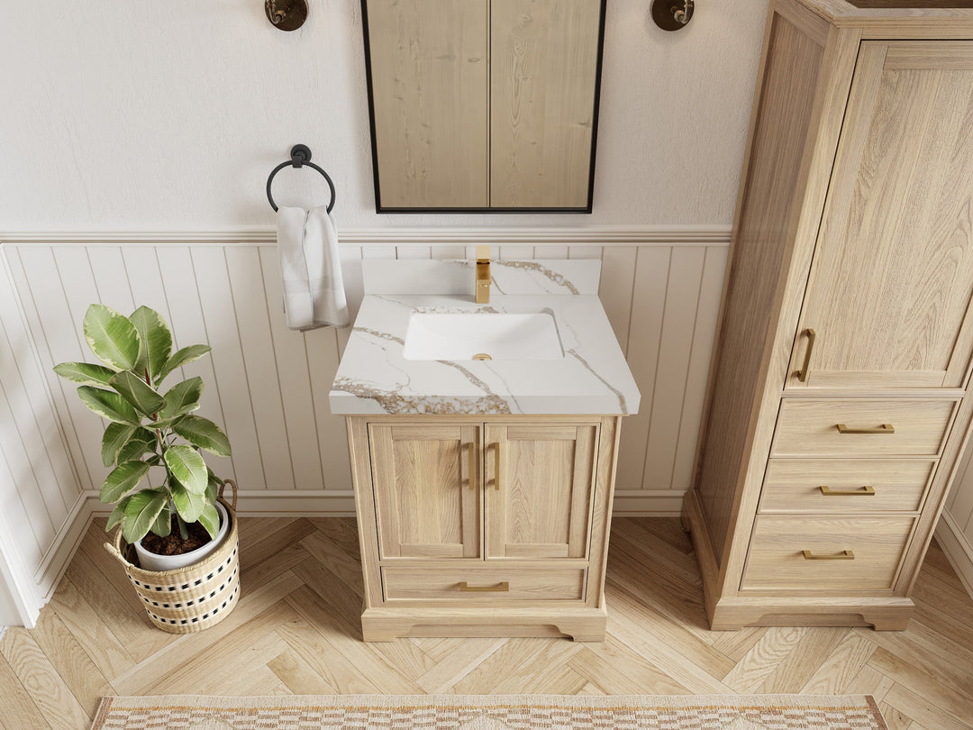 Charlotte White Oak 30 in. W x 22 in. D Single Sink Bathroom Vanity with 2 in Calacatta Gold Quartz Countertop - Top View