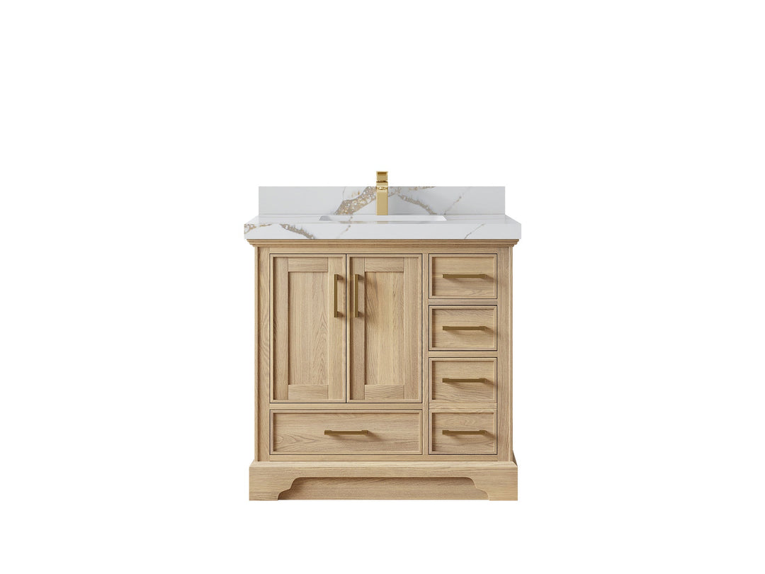 Charlotte White Oak 36 in. W x 22 in. D Center Sink Bathroom Vanity with 2 in Calacatta Gold Quartz Countertop