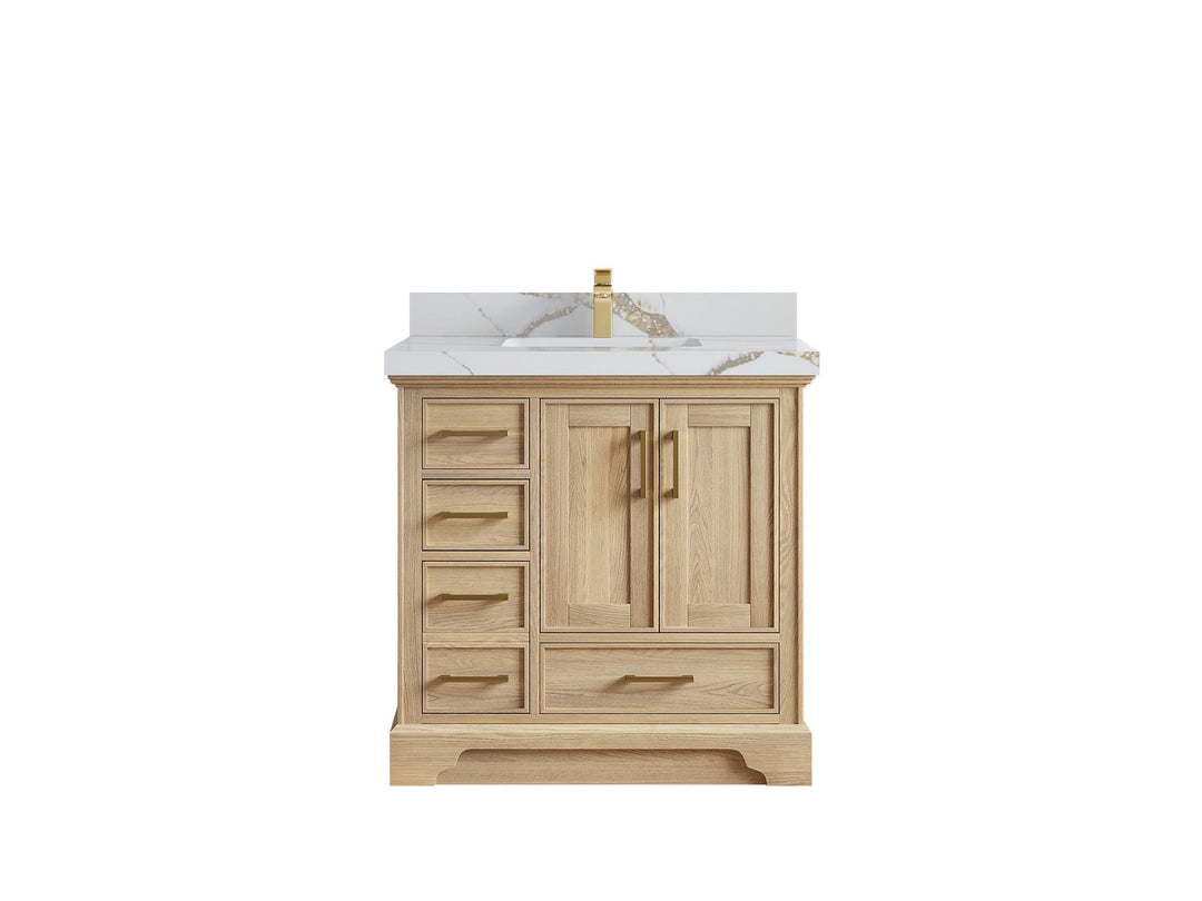 Charlotte White Oak 36 in. W x 22 in. D Center Sink Bathroom Vanity with 2 in Calacatta Gold Quartz Countertop