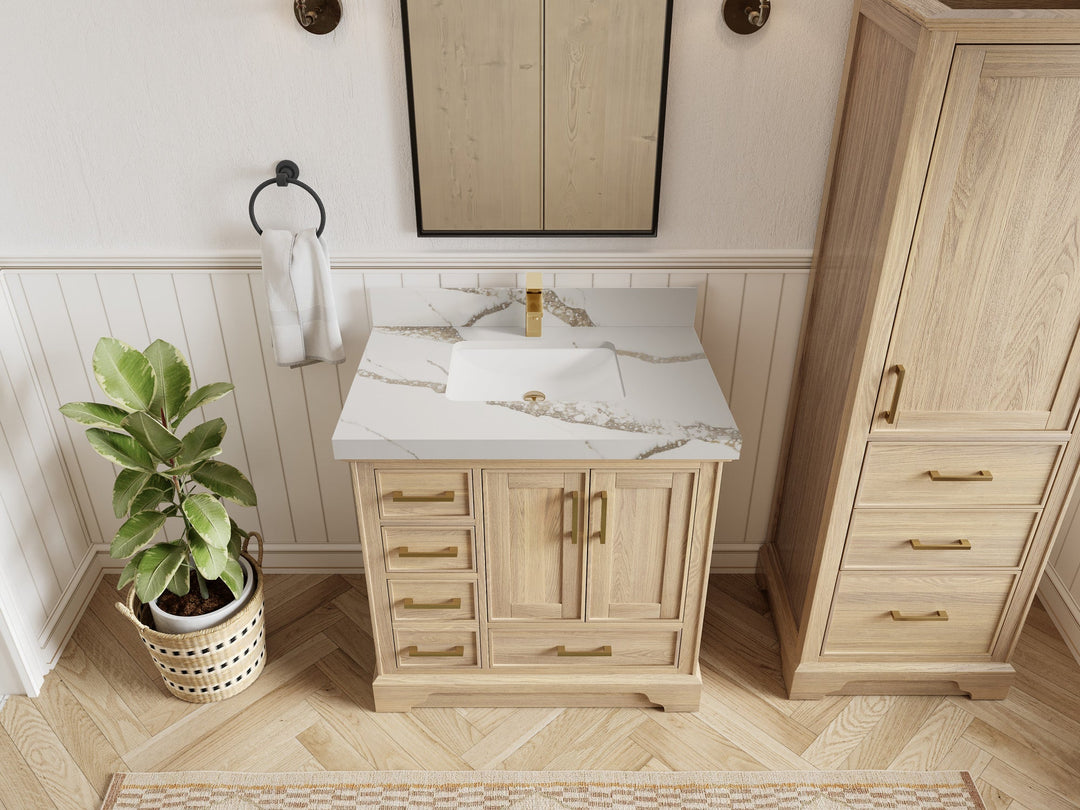 Charlotte White Oak 36 in. W x 22 in. D Center Sink Bathroom Vanity with 2 in Calacatta Gold Quartz Countertop - Top View