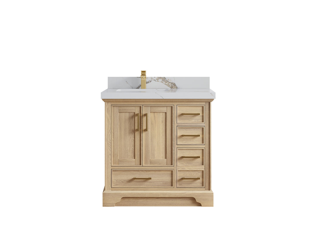 Charlotte White Oak 36 in. W x 22 in. D Left Offset Sink Bathroom Vanity with 2 in Calacatta Gold Quartz Countertop