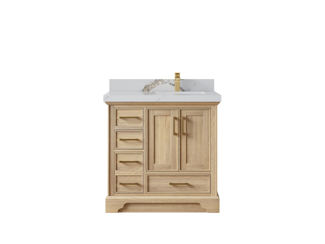 Charlotte White Oak 36 in. W x 22 in. D Center Sink Bathroom Vanity with 2 in Calacatta Gold Quartz Countertop