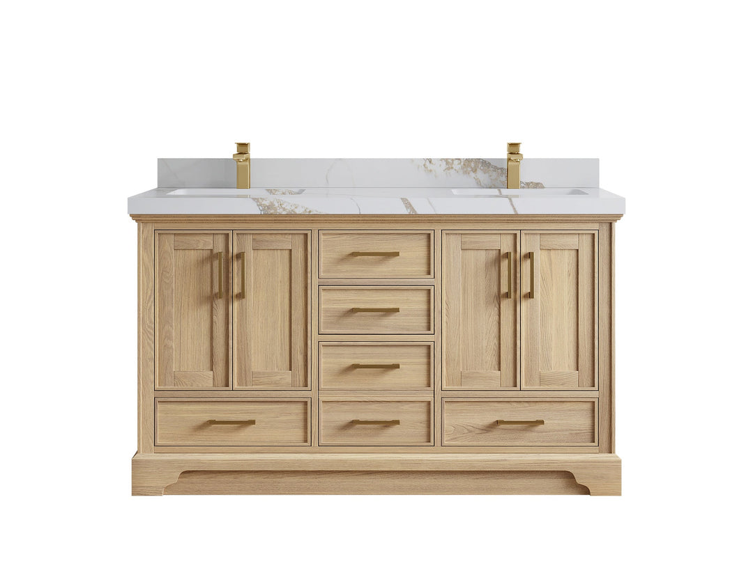 Charlotte White Oak 60 in. W x 22 in. D Double Sink Bathroom Vanity with 2 in Calacatta Gold Quartz Countertop
