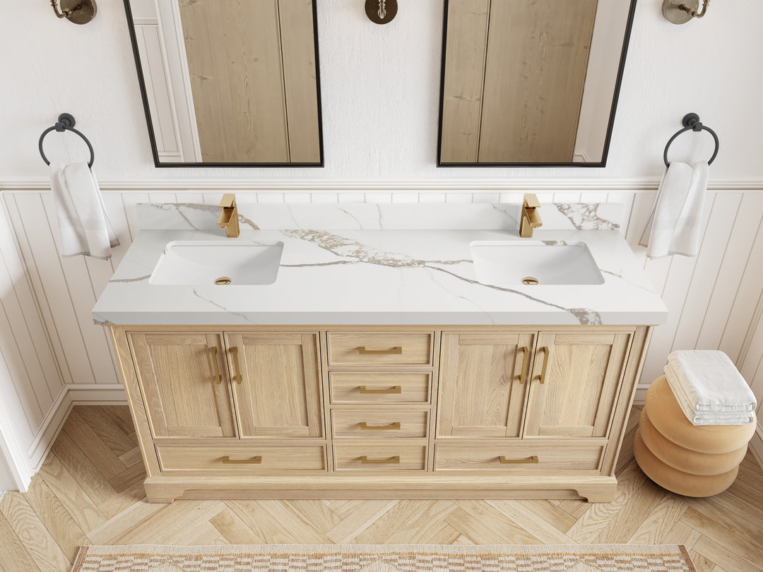 Charlotte White Oak 72 in. W x 22 in. D Double Sink Bathroom Vanity with 2 in Calacatta Gold Quartz Countertop - Top View