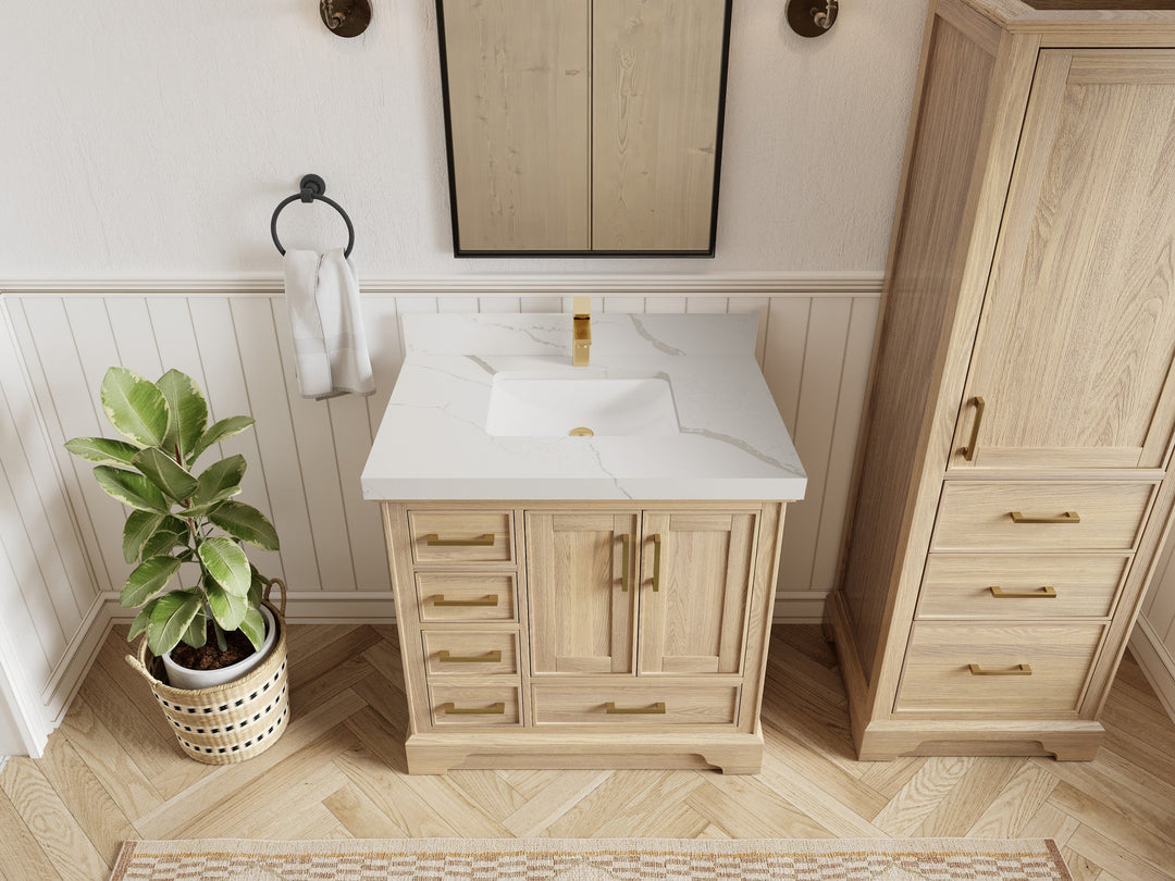 Charlotte White Oak 36 in. W x 22 in. D Center Sink Bathroom Vanity with 2 in Calacatta Laza Quartz Countertop - Top View