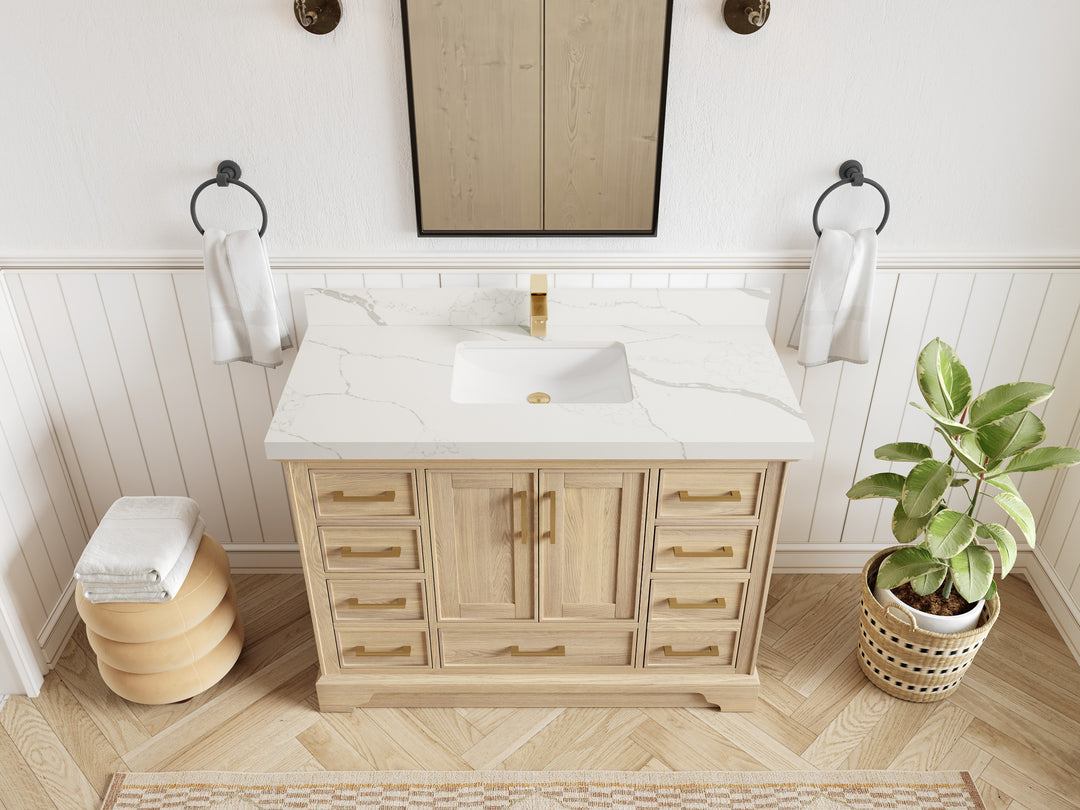 Charlotte White Oak 48 in. W x 22 in. D Single Sink Bathroom Vanity with 2 in Calacatta Laza Quartz Countertop - Top View