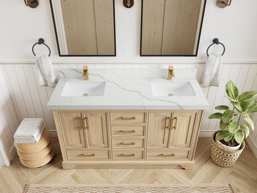 Charlotte White Oak 60 in. W x 22 in. D Double Sink Bathroom Vanity with 2 in Calacatta Laza Quartz Countertop - Top View