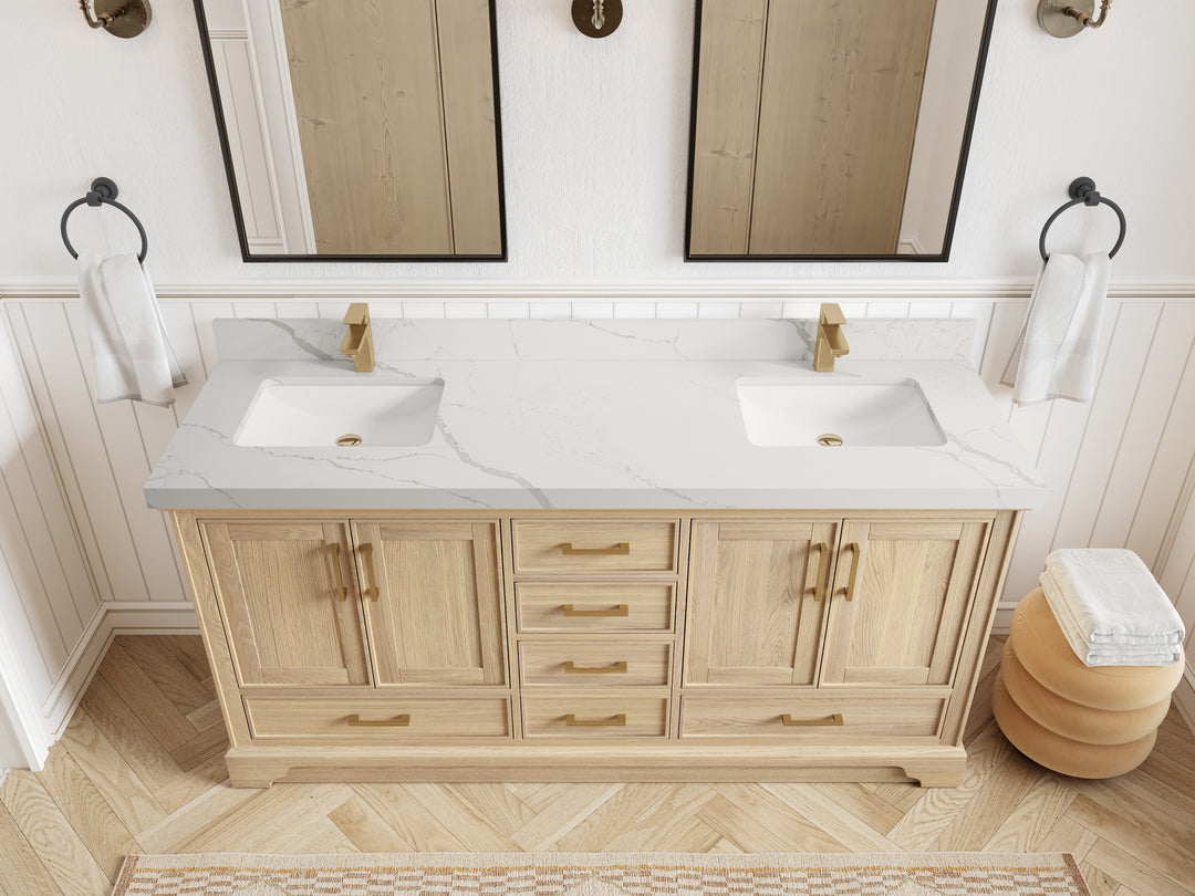 Charlotte White Oak 72 in. W x 22 in. D Double Sink Bathroom Vanity with 2 in Calacatta Laza Quartz Countertop - Top View
