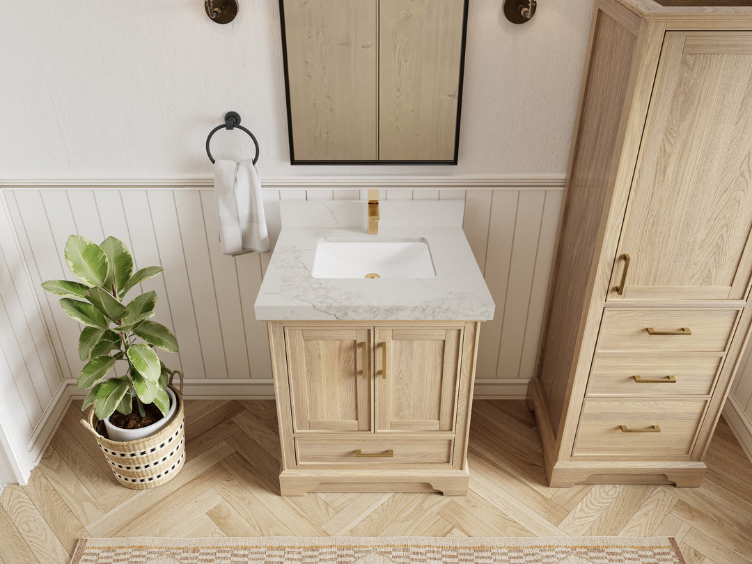 Charlotte White Oak 30 in. W x 22 in. D Single Sink Bathroom Vanity with 2 in Calacatta Nuvo Quartz Countertop - Top View
