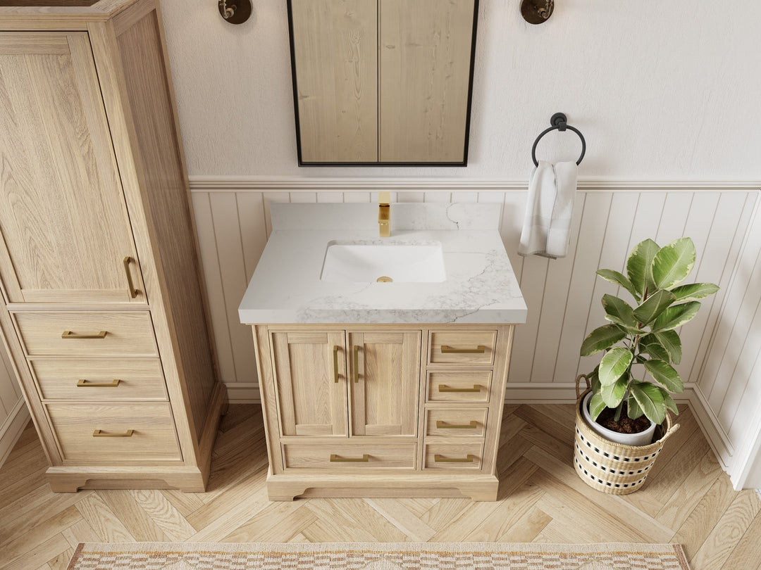 Charlotte White Oak 36 in. W x 22 in. D Center Sink Bathroom Vanity with 2 in Calacatta Nuvo Quartz Countertop - Top View
