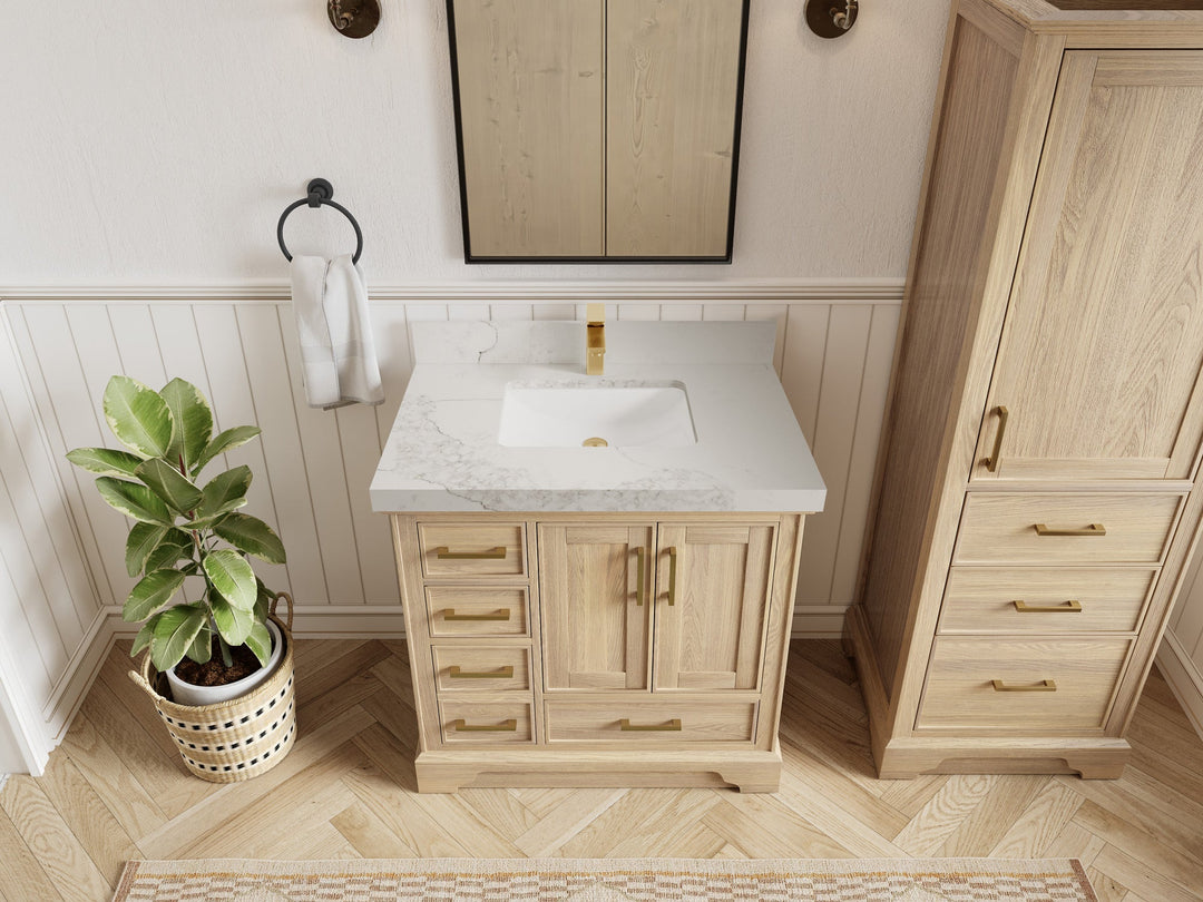 Charlotte White Oak 36 in. W x 22 in. D Center Sink Bathroom Vanity with 2 in Calacatta Nuvo Quartz Countertop - Top View