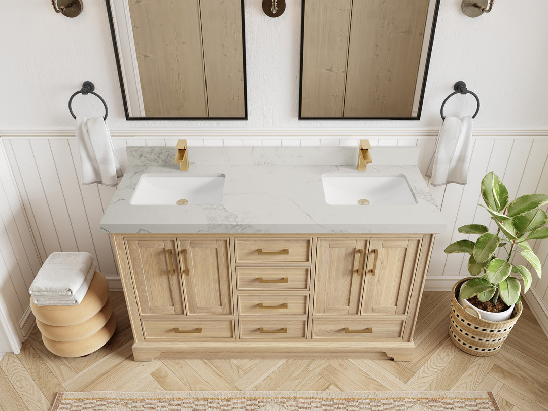 Charlotte White Oak 60 in. W x 22 in. D Double Sink Bathroom Vanity with 2 in Calacatta Nuvo Quartz Countertop - Top View