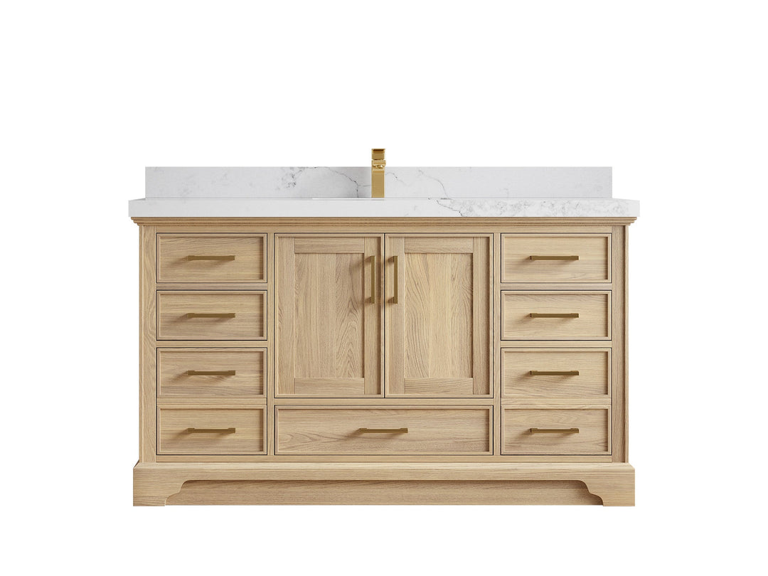 Charlotte White Oak 60 in. W x 22 in. D Single Sink Bathroom Vanity with 2 in Calacatta Nuvo Quartz Countertop