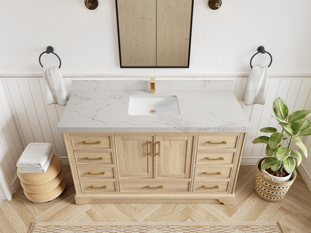 Charlotte White Oak 60 in. W x 22 in. D Single Sink Bathroom Vanity with 2 in Calacatta Nuvo Quartz Countertop - Top View