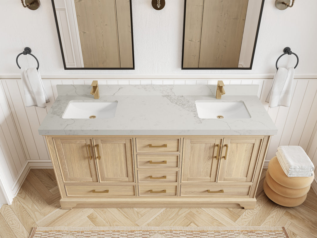 Charlotte White Oak 72 in. W x 22 in. D Double Sink Bathroom Vanity with 2 in Calacatta Nuvo Quartz Countertop - Top View