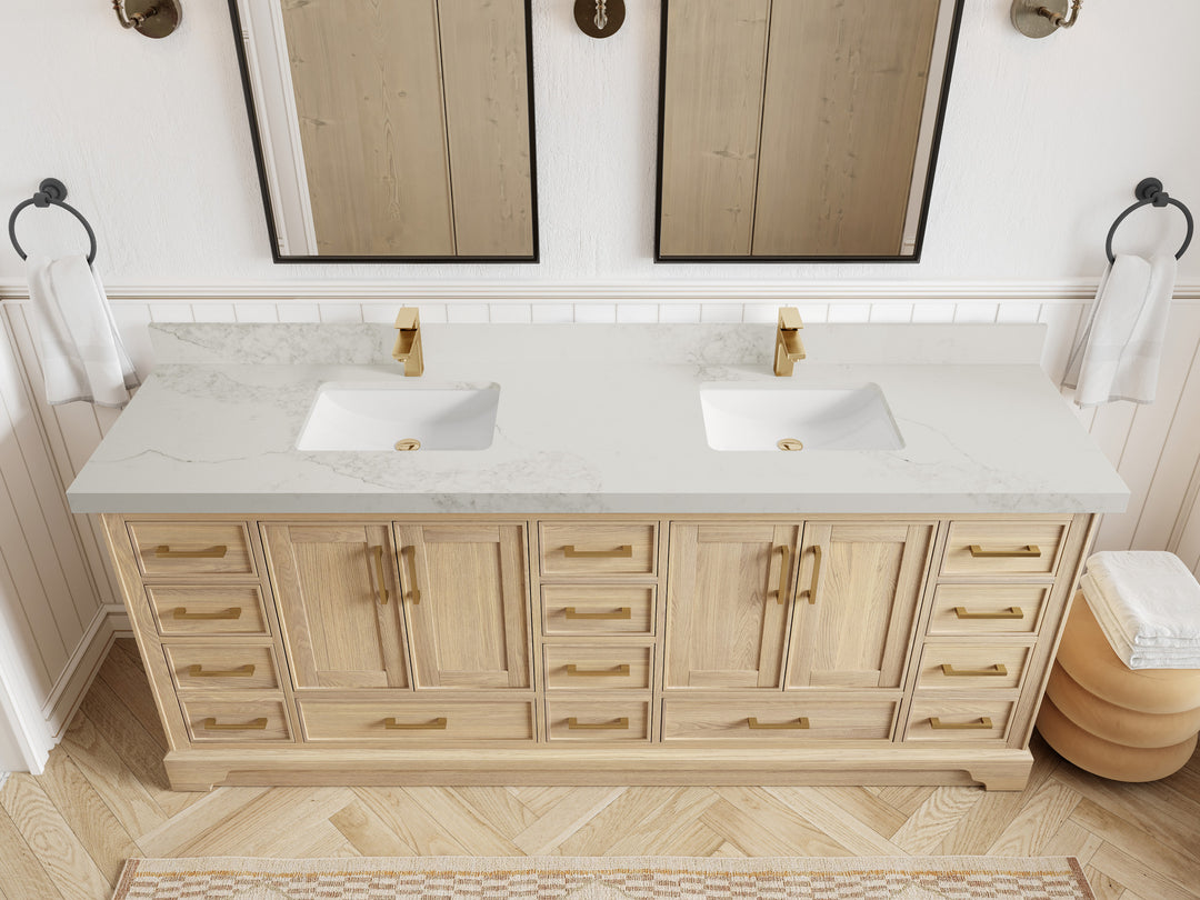 Charlotte White Oak 84 in. W x 22 in. D Double Sink Bathroom Vanity with 2 in Calacatta Nuvo Quartz Countertop - Top View